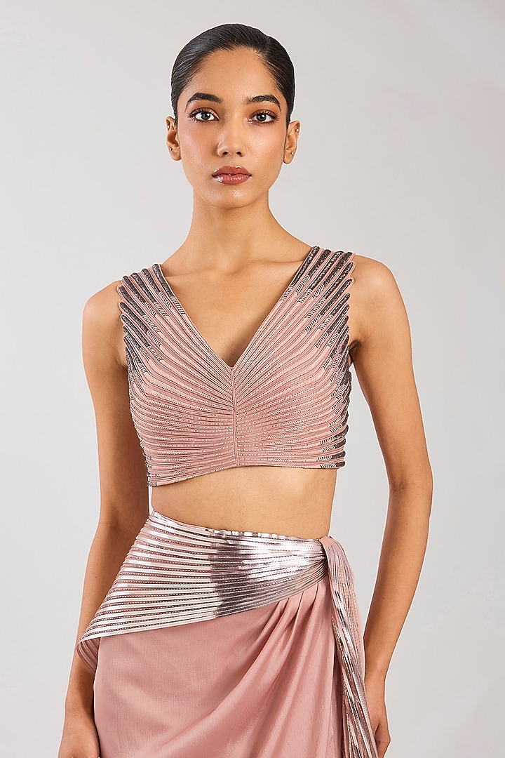 Rose Satin Chiffon Skirt Bridal Saree Set by Amit Aggarwal at Pernia's Pop Up Shop
