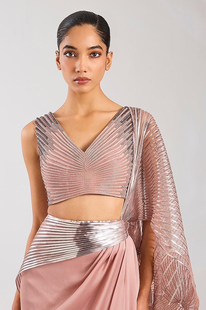 Rose Satin Chiffon Skirt Bridal Saree Set by Amit Aggarwal at Pernia's Pop Up Shop