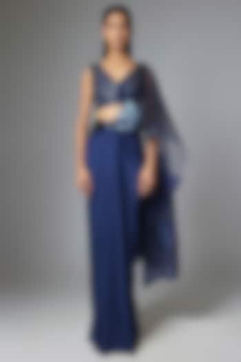 Cosmos Blue Satin Chiffon Skirt Bridal Saree Set by Amit Aggarwal at Pernia's Pop Up Shop