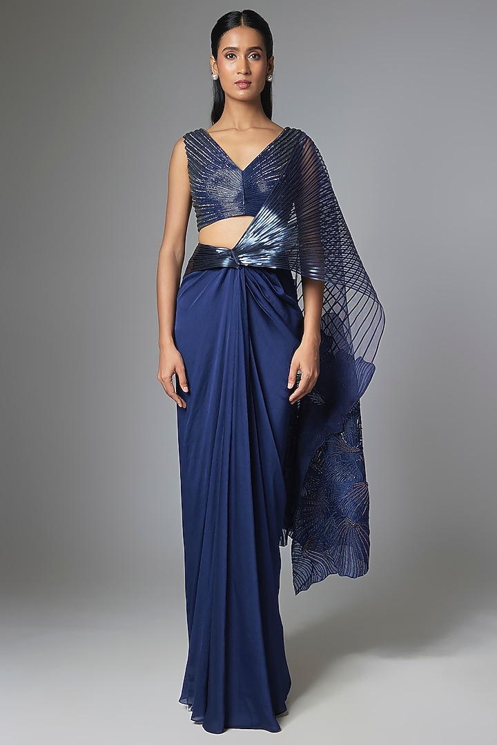 Cosmos Blue Satin Chiffon Skirt Bridal Saree Set by Amit Aggarwal at Pernia's Pop Up Shop