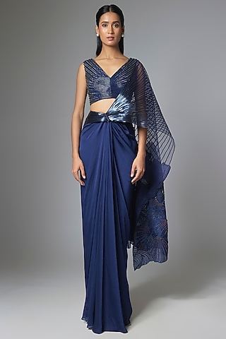 Cosmos Blue Satin Chiffon Skirt Saree Set by Amit Aggarwal