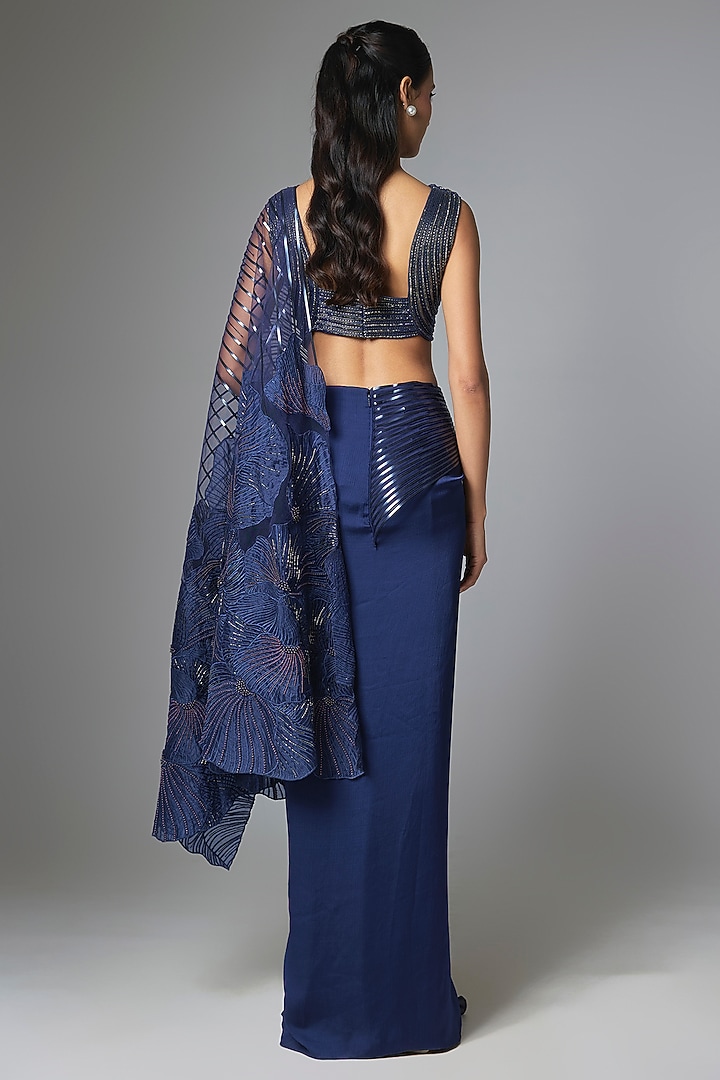 Cosmos Blue Satin Chiffon Skirt Bridal Saree Set by Amit Aggarwal at Pernia's Pop Up Shop