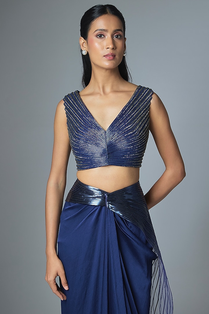 Cosmos Blue Satin Chiffon Skirt Bridal Saree Set by Amit Aggarwal at Pernia's Pop Up Shop