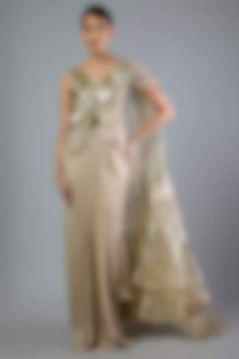 Sand-Colored Satin Chiffon Draped Skirt Bridal Saree Set by Amit Aggarwal at Pernia's Pop Up Shop