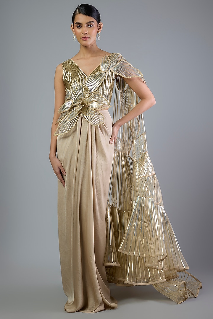 Sand-Colored Satin Chiffon Draped Skirt Bridal Saree Set by Amit Aggarwal at Pernia's Pop Up Shop