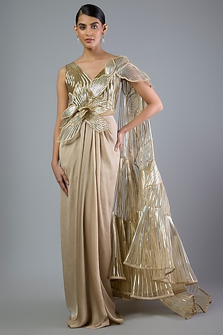 Sand-Colored Satin Chiffon Draped Skirt Saree Set by Amit Aggarwal