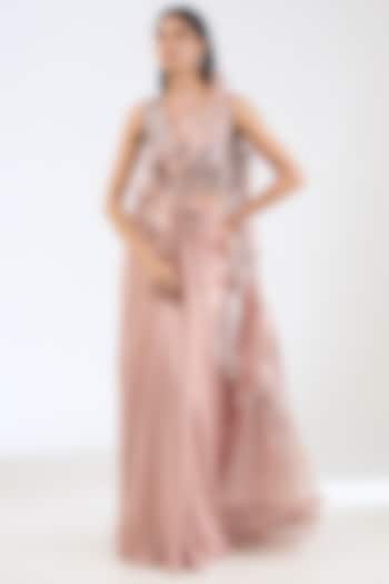 Rose Satin Chiffon Pre-Stitched Bridal Saree Set by Amit Aggarwal at Pernia's Pop Up Shop