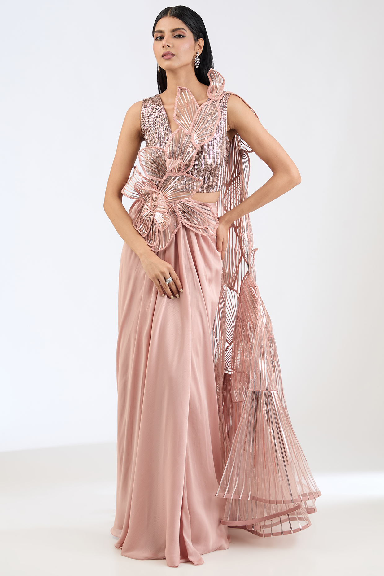 Rose Satin Chiffon Pre-Stitched Bridal Saree Set by Amit Aggarwal at Pernia's Pop Up Shop