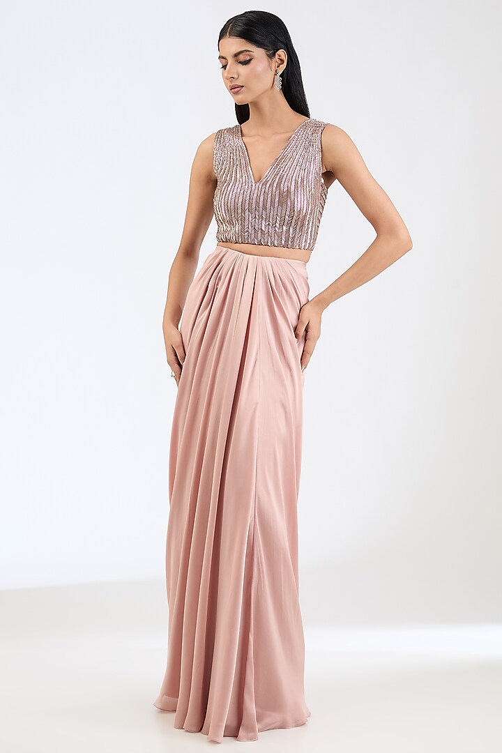 Rose Satin Chiffon Pre-Stitched Bridal Saree Set by Amit Aggarwal at Pernia's Pop Up Shop
