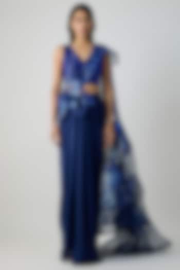 Cosmos Blue Satin Chiffon Draped Skirt Bridal Saree Set by Amit Aggarwal at Pernia's Pop Up Shop