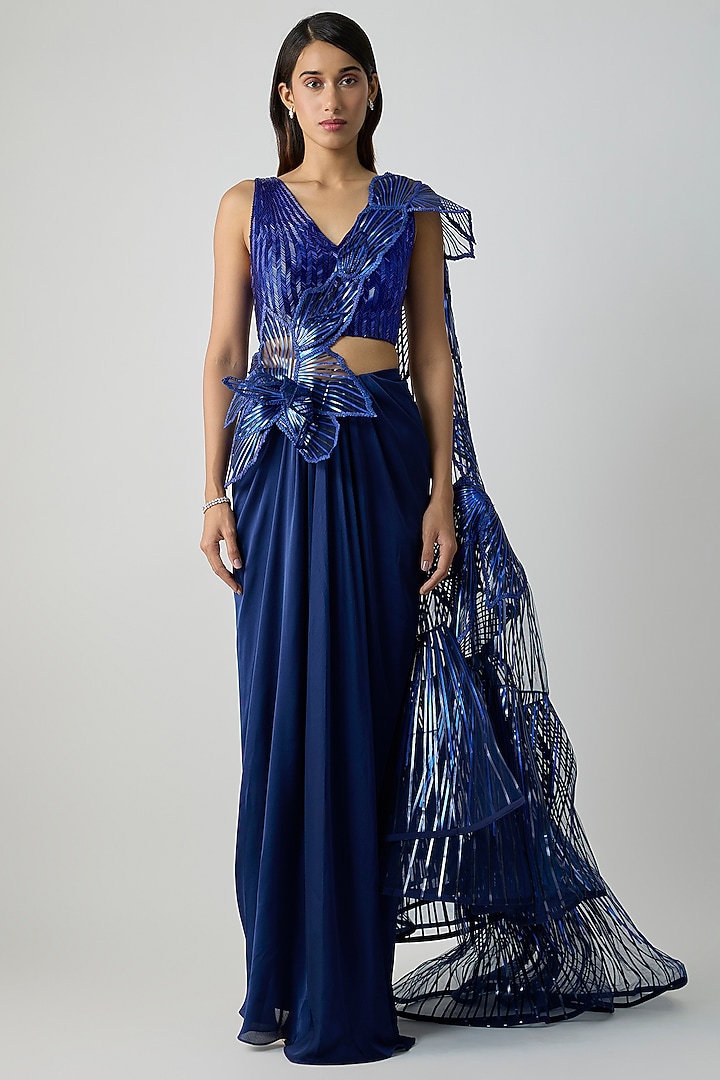 Cosmos Blue Satin Chiffon Draped Skirt Bridal Saree Set by Amit Aggarwal at Pernia's Pop Up Shop
