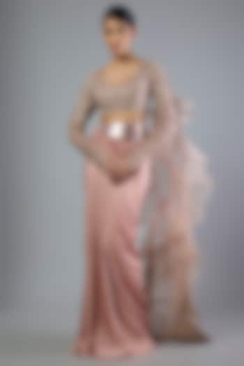 Rose Pink Satin Chiffon Draped Skirt Bridal Saree Set by Amit Aggarwal at Pernia's Pop Up Shop