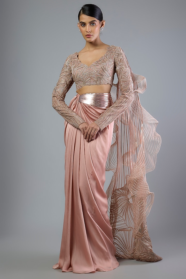 Rose Pink Satin Chiffon Draped Skirt Bridal Saree Set by Amit Aggarwal at Pernia's Pop Up Shop