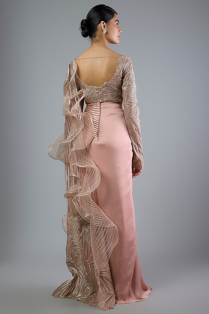 Rose Pink Satin Chiffon Draped Skirt Bridal Saree Set by Amit Aggarwal at Pernia's Pop Up Shop