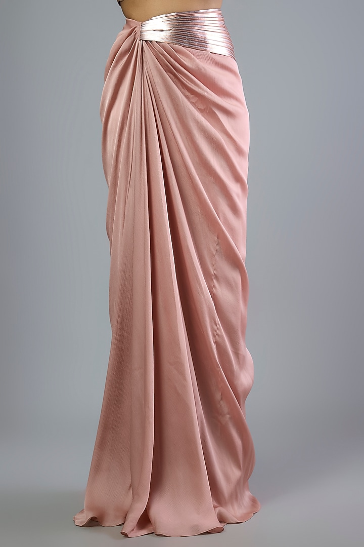 Rose Pink Satin Chiffon Draped Skirt Bridal Saree Set by Amit Aggarwal at Pernia's Pop Up Shop