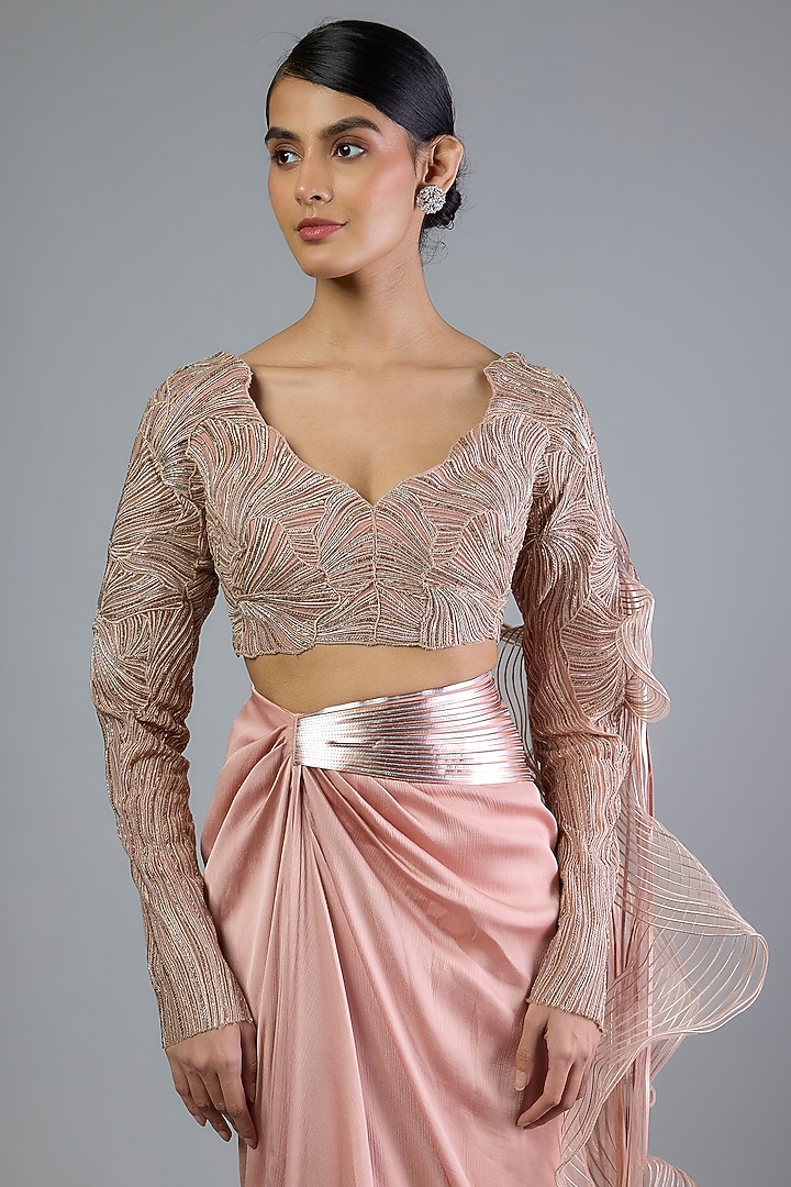 Rose Pink Satin Chiffon Draped Skirt Bridal Saree Set by Amit Aggarwal at Pernia's Pop Up Shop