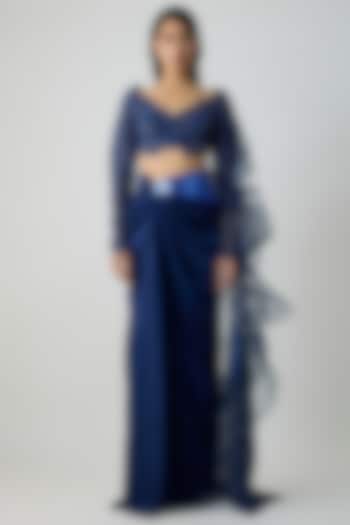 Cosmos Blue Satin Chiffon Draped Skirt Bridal Saree Set by Amit Aggarwal at Pernia's Pop Up Shop