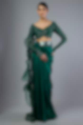 Emerald Green Satin Chiffon Draped Skirt Bridal Saree Set by Amit Aggarwal at Pernia's Pop Up Shop