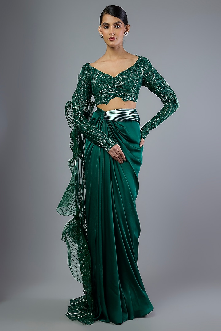 Emerald Green Satin Chiffon Draped Skirt Bridal Saree Set by Amit Aggarwal at Pernia's Pop Up Shop