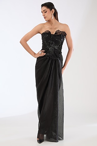 Black Striped Organza Gown by Amit Aggarwal