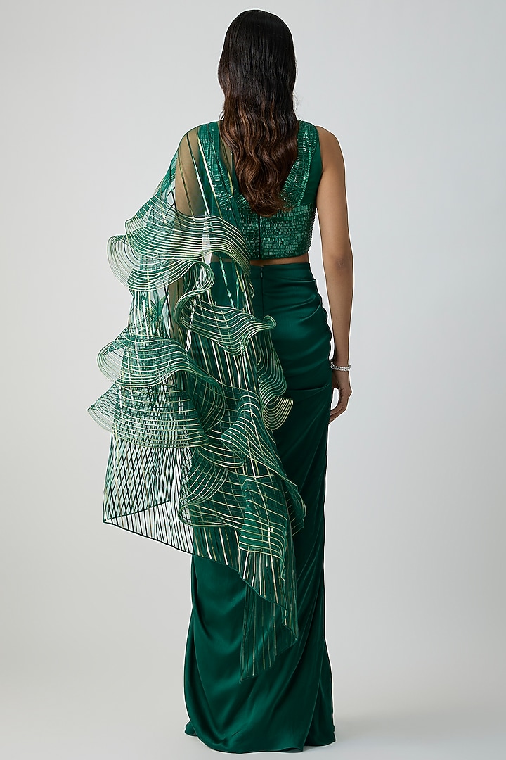 Emerald Green Satin Chiffon Draped Skirt Bridal Saree Set by Amit Aggarwal at Pernia's Pop Up Shop