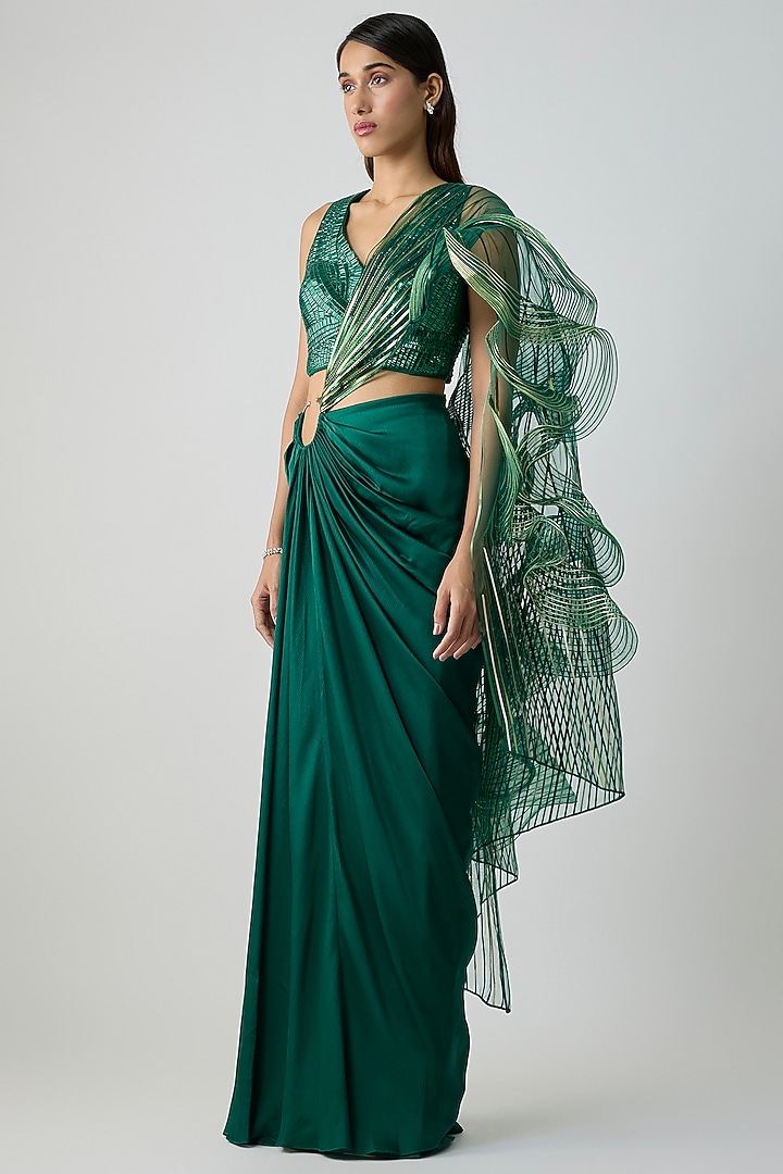 Emerald Green Satin Chiffon Draped Skirt Bridal Saree Set by Amit Aggarwal at Pernia's Pop Up Shop