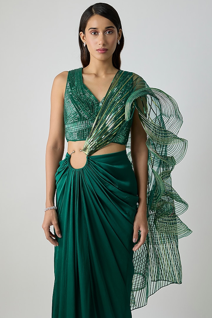Emerald Green Satin Chiffon Draped Skirt Bridal Saree Set by Amit Aggarwal at Pernia's Pop Up Shop
