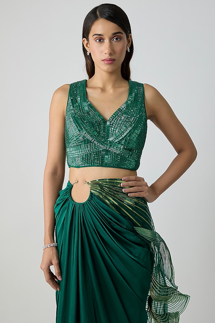Emerald Green Satin Chiffon Draped Skirt Bridal Saree Set by Amit Aggarwal at Pernia's Pop Up Shop