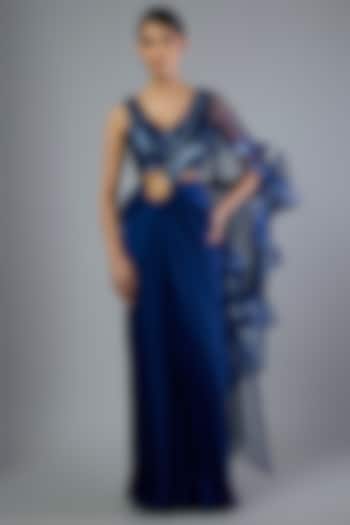 Cosmos Satin Chiffon Draped Skirt Bridal Saree Set by Amit Aggarwal at Pernia's Pop Up Shop