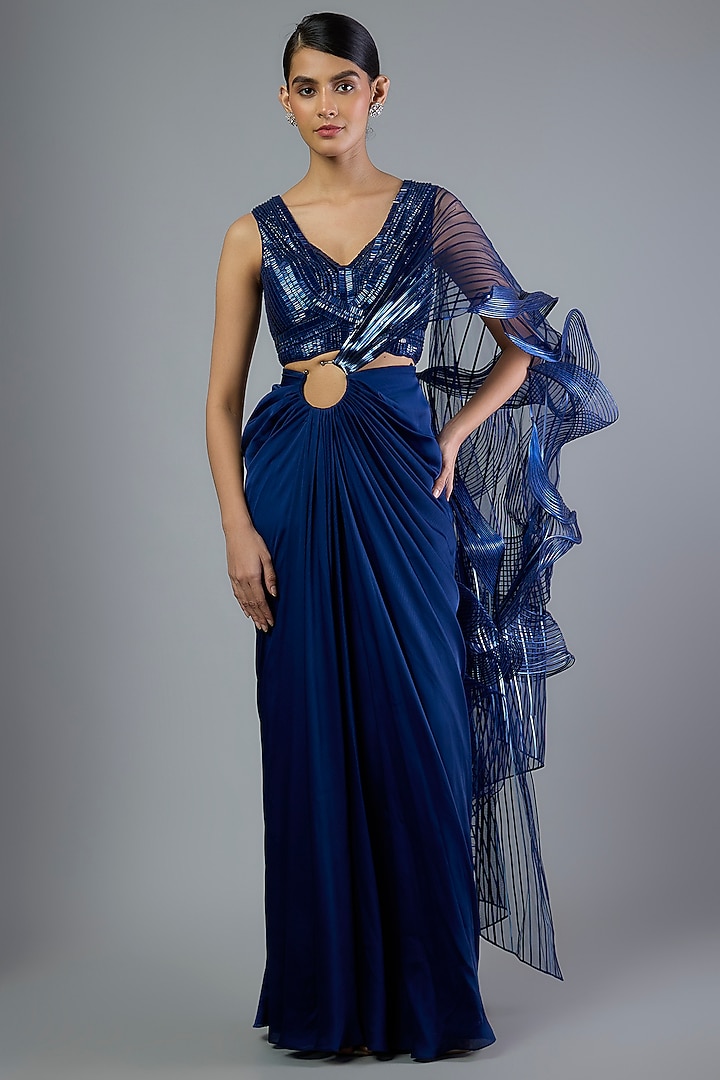 Cosmos Satin Chiffon Draped Skirt Bridal Saree Set by Amit Aggarwal at Pernia's Pop Up Shop