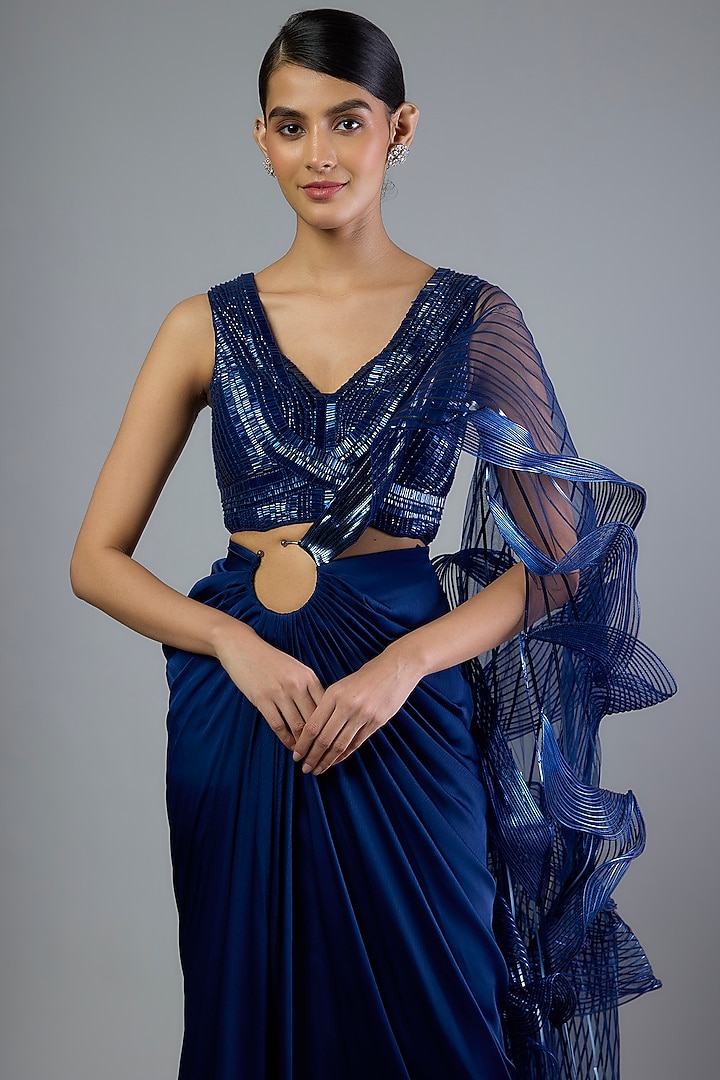 Cosmos Satin Chiffon Draped Skirt Bridal Saree Set by Amit Aggarwal at Pernia's Pop Up Shop