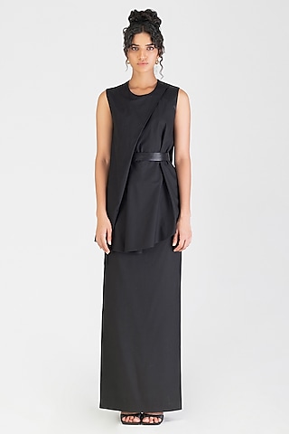 Onyx Black Poplin Pleated Top by Amit Aggarwal