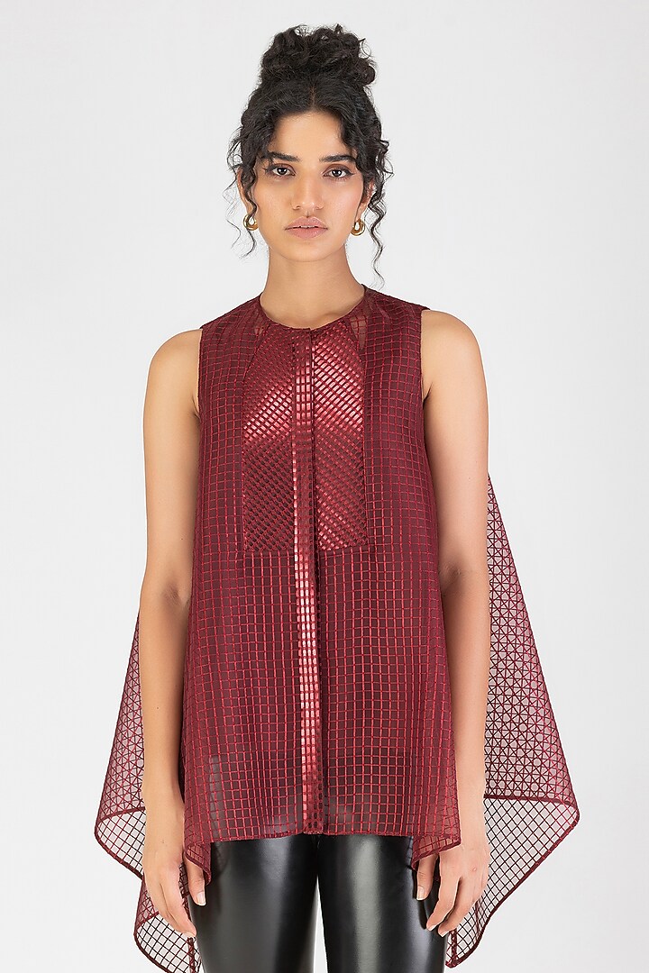Oxblood Red Sheer Checkered Shirt by Amit Aggarwal at Pernia's Pop Up Shop