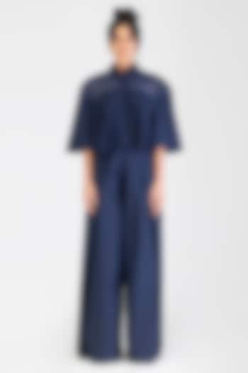 Cosmos Blue Poplin Cropped Gathered Cape Shirt by Amit Aggarwal at Pernia's Pop Up Shop