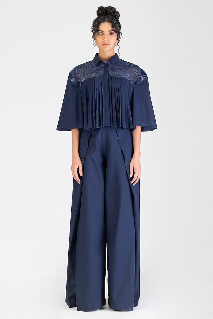 Cosmos Blue Poplin Cropped Gathered Cape Shirt by Amit Aggarwal at Pernia's Pop Up Shop