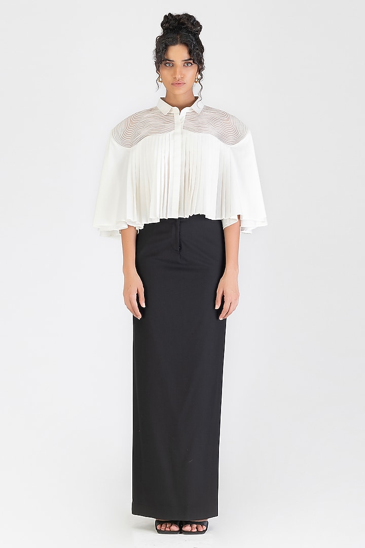 Pearl White Poplin Cropped Gathered Cape Shirt by Amit Aggarwal at Pernia's Pop Up Shop