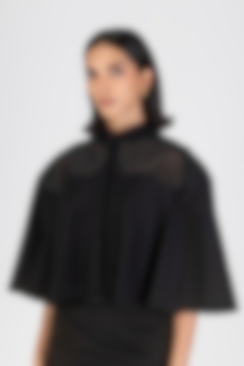 Onyx Black Poplin Cropped Gathered Cape Shirt by Amit Aggarwal at Pernia's Pop Up Shop