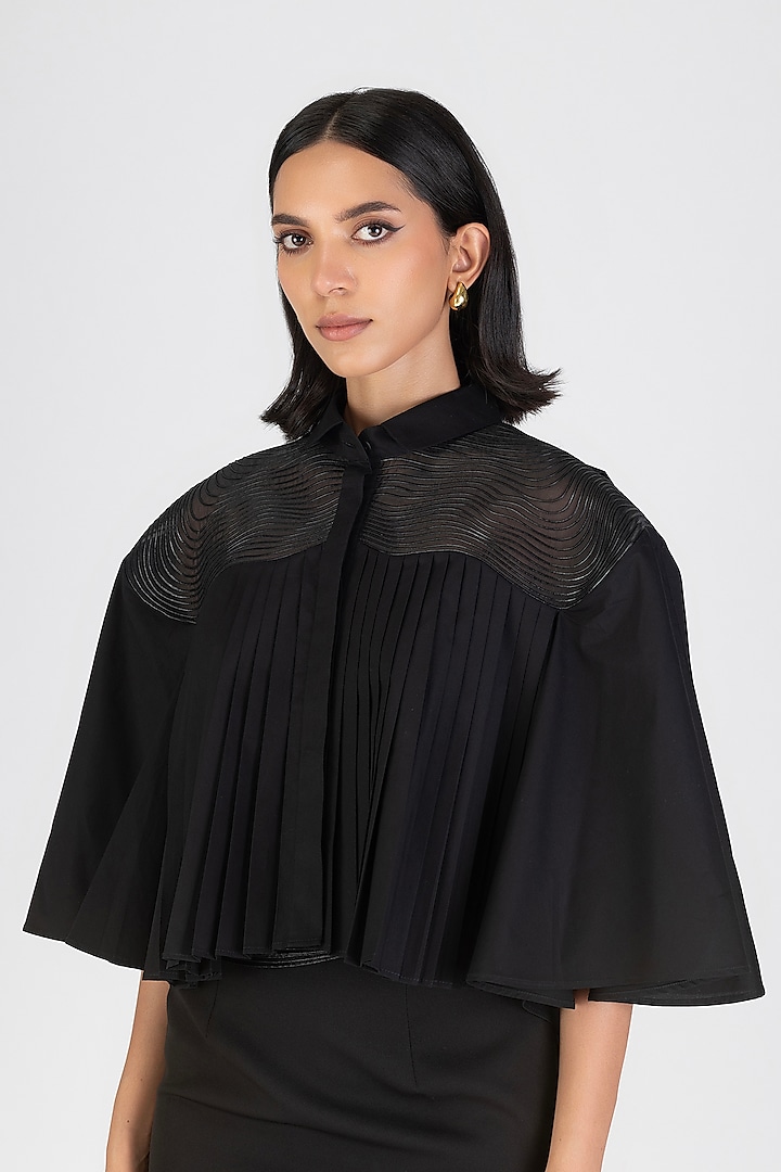 Onyx Black Poplin Cropped Gathered Cape Shirt by Amit Aggarwal at Pernia's Pop Up Shop