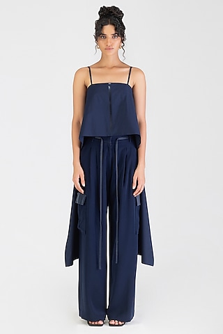 Cosmos Blue Poplin Metallic Micro-Pleated Top by Amit Aggarwal