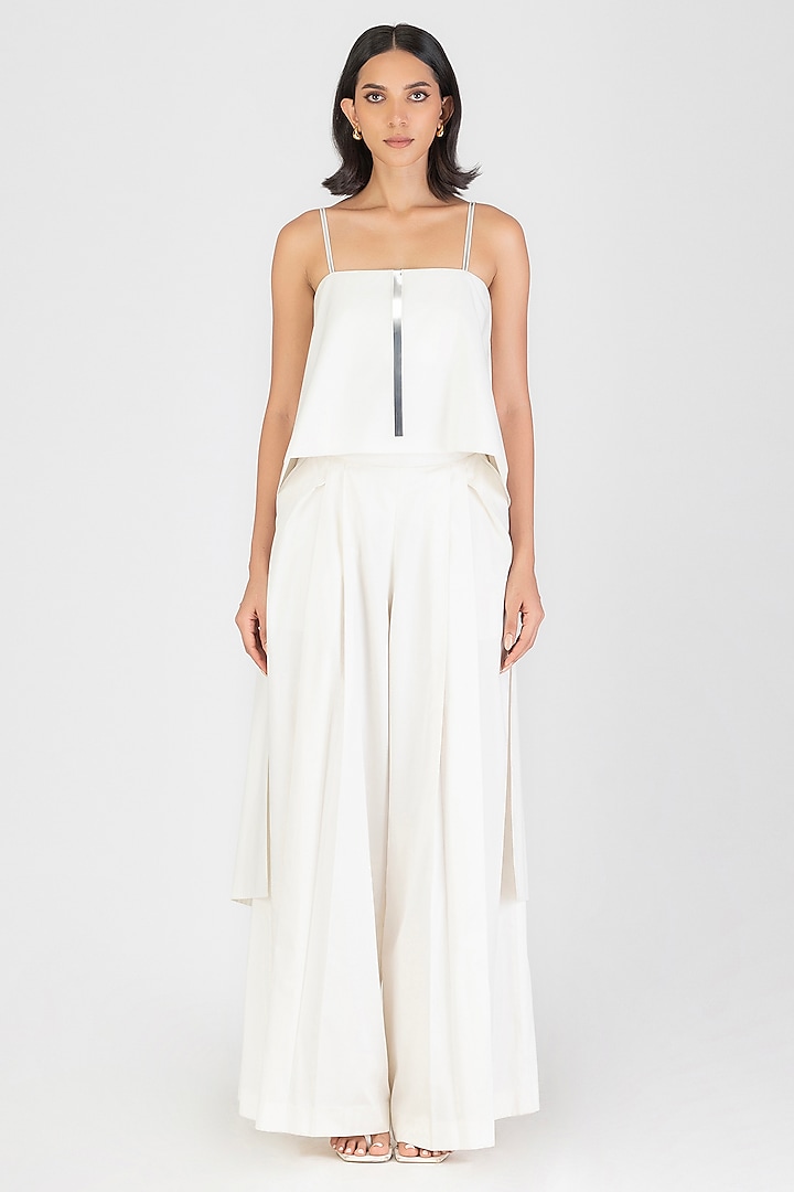 Pearl White Poplin Metallic Micro-Pleated Top by Amit Aggarwal at Pernia's Pop Up Shop