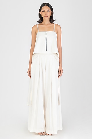 Pearl White Poplin Metallic Micro-Pleated Top by Amit Aggarwal