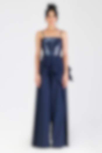 Cosmos Blue Poplin Metallic Corset Top by Amit Aggarwal at Pernia's Pop Up Shop