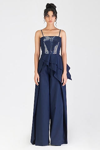 Cosmos Blue Poplin Metallic Corset Top by Amit Aggarwal