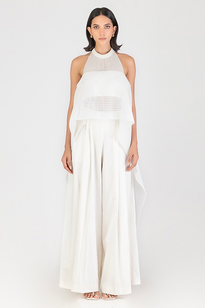 Pearl White Sheer Check Halter Top by Amit Aggarwal at Pernia's Pop Up Shop