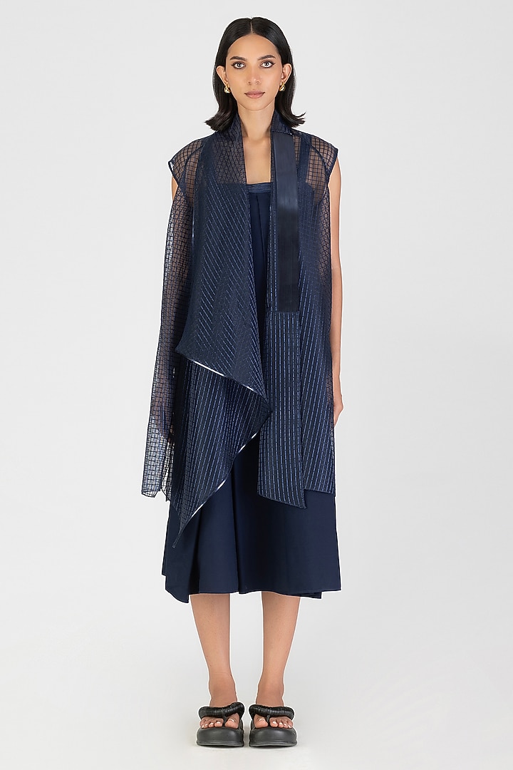 Cosmos Blue Sheer Check Metallic Micro-Pleated Sleeveless Cape by Amit Aggarwal at Pernia's Pop Up Shop