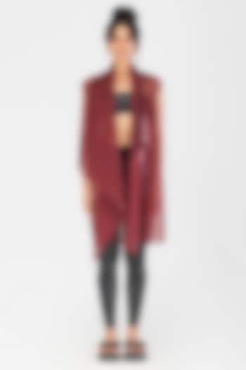 Oxblood Sheer Check Metallic Micro-Pleated Sleeveless Cape by Amit Aggarwal at Pernia's Pop Up Shop