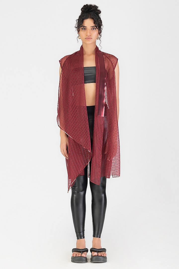 Oxblood Sheer Check Metallic Micro-Pleated Sleeveless Cape by Amit Aggarwal at Pernia's Pop Up Shop