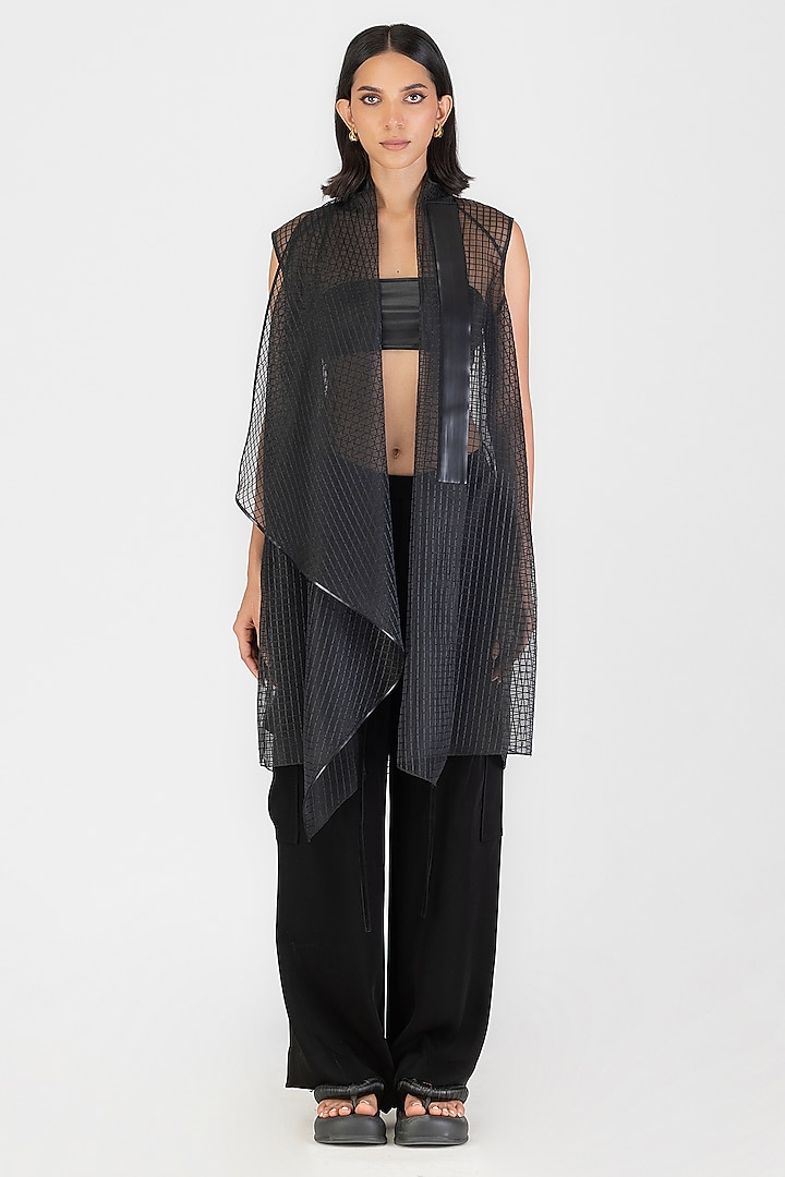 Onyx Black Sheer Check Metallic Micro-Pleated Sleeveless Cape by Amit Aggarwal at Pernia's Pop Up Shop
