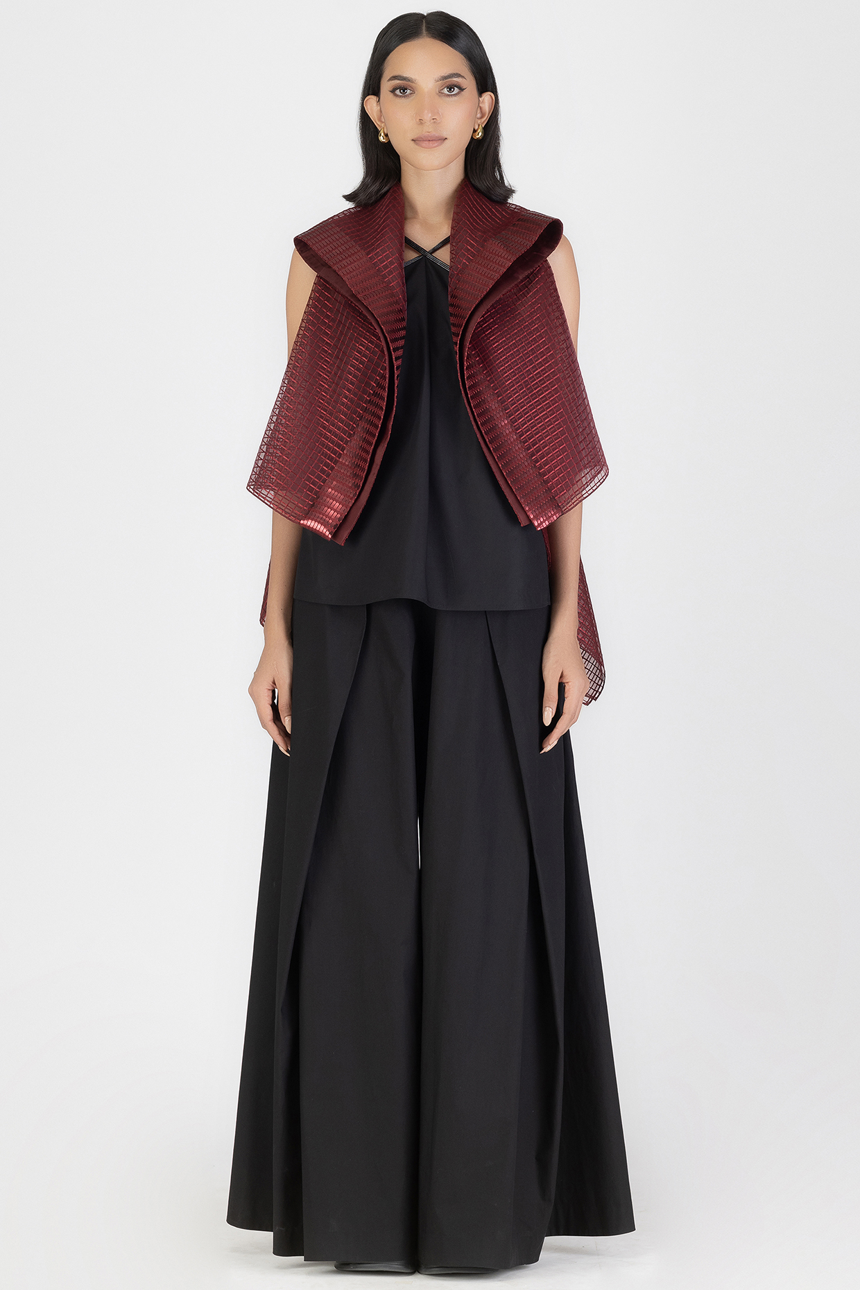 Oxblood Red Sheer Checkered Jacket by Amit Aggarwal at Pernia's Pop Up Shop