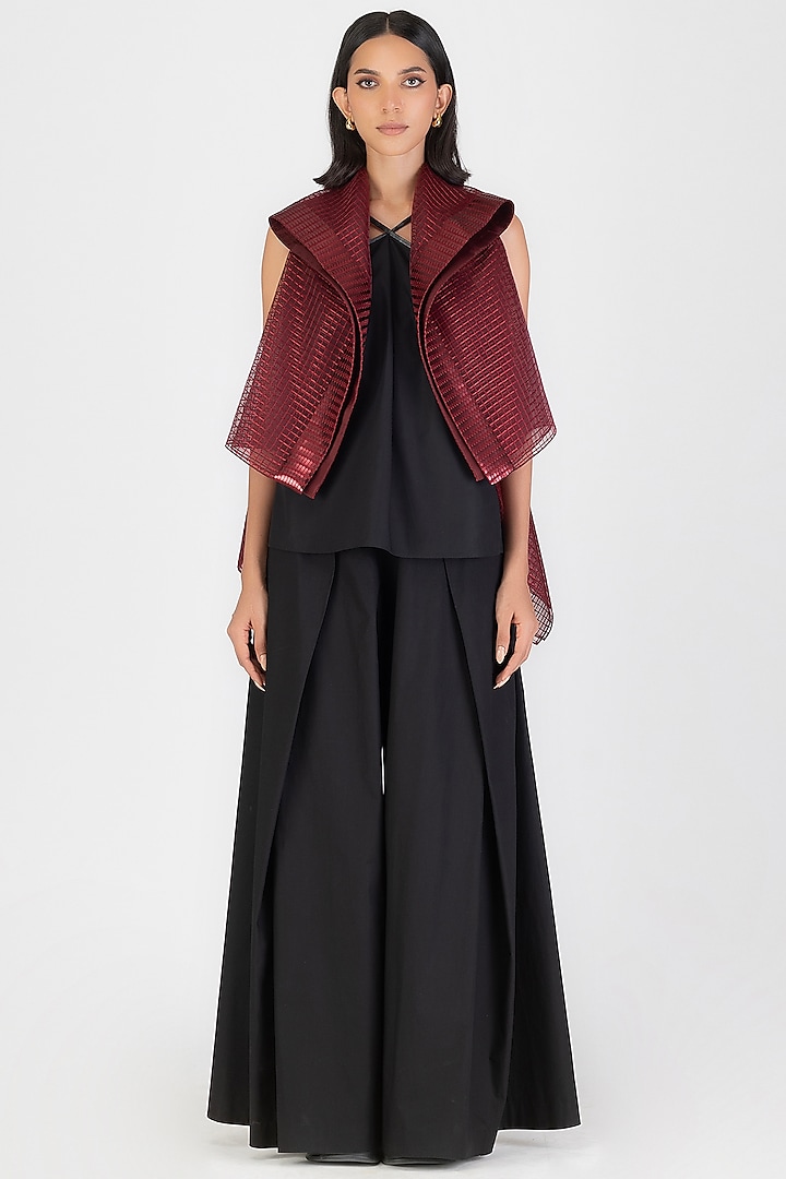 Oxblood Red Sheer Checkered Jacket by Amit Aggarwal at Pernia's Pop Up Shop